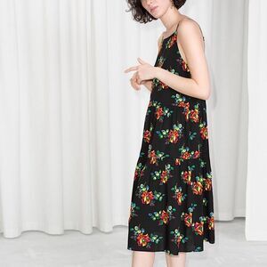 & OTHER STORIES Dress Black Floral Gathered Pleated Midi Dress Size 2